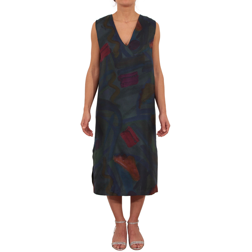 Vestito scollato in seta con stampa artistica