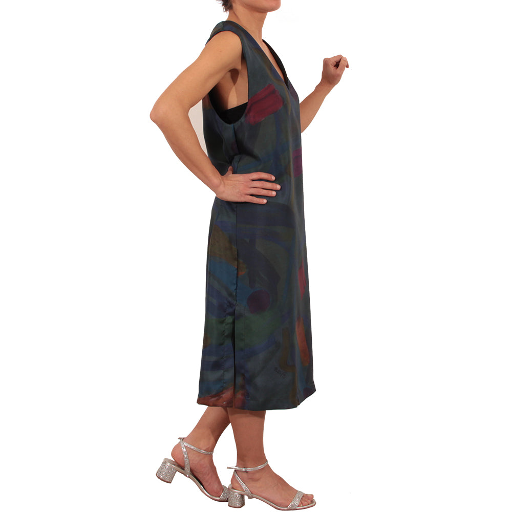 Vestito scollato in seta con stampa artistica