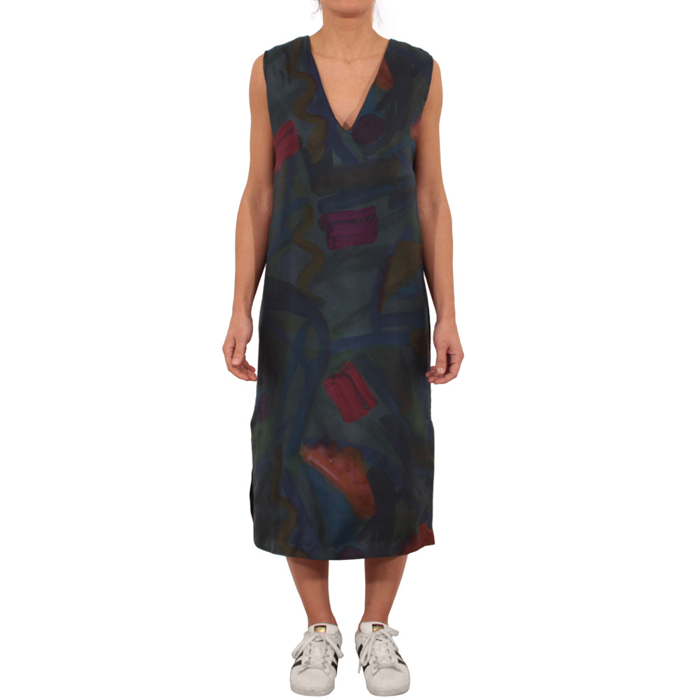 Vestito scollato in seta con stampa artistica