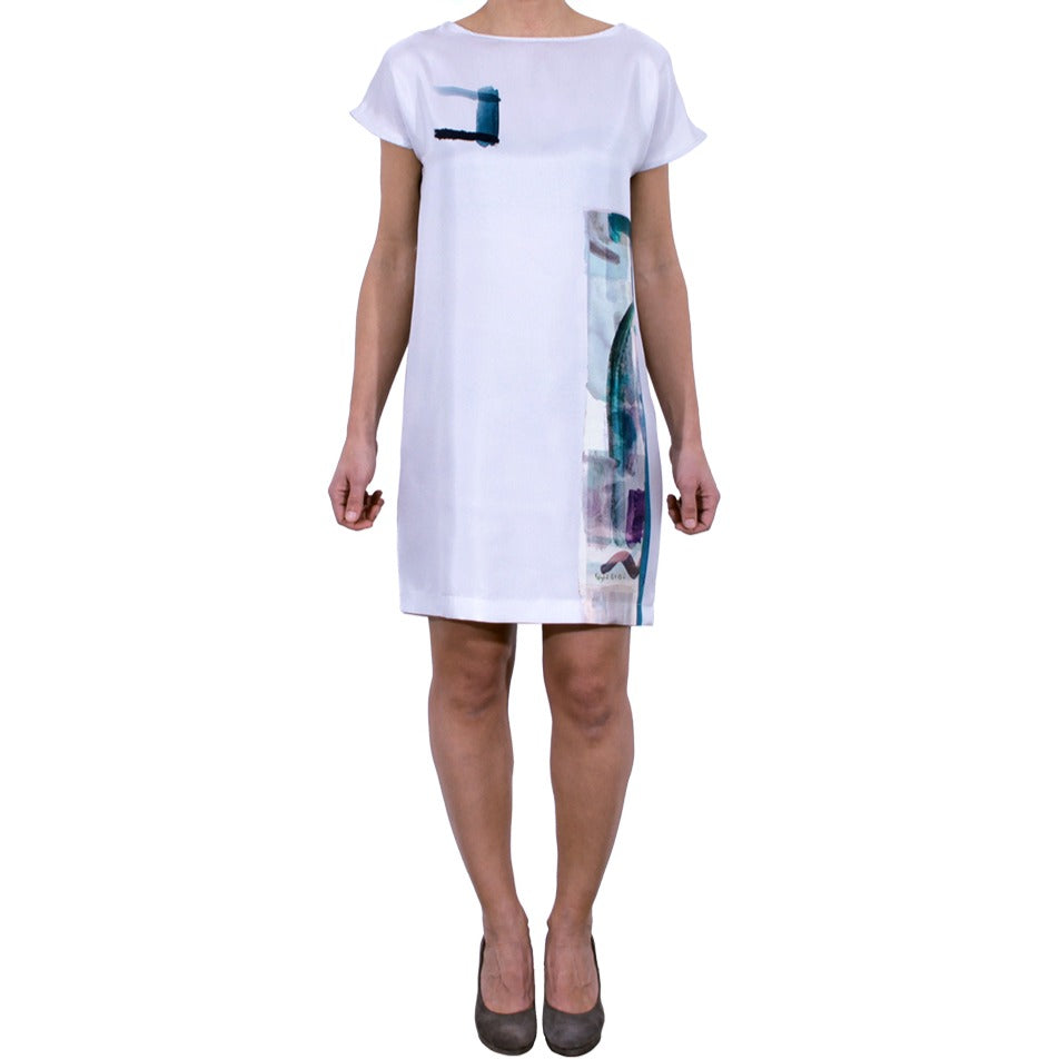 Vestito midi color grigio perla con stampa artistica