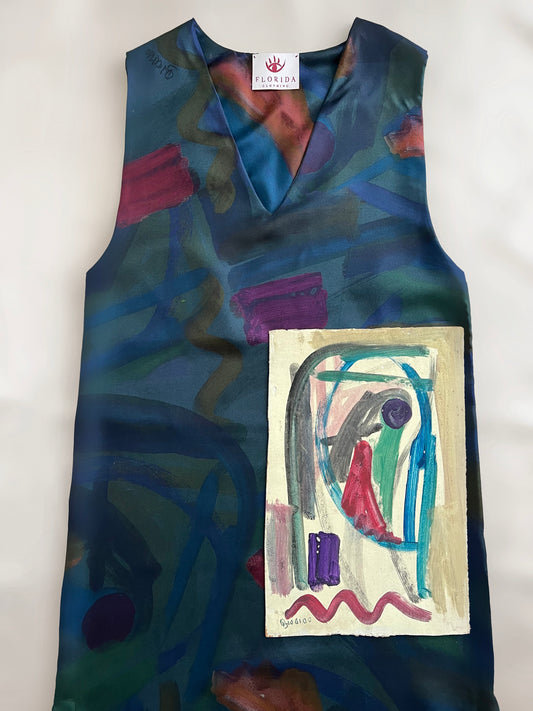Vestito scollato in seta con stampa artistica