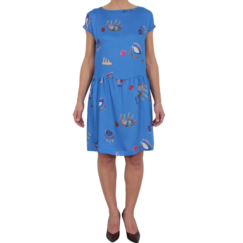 Vestito grembiule bluette con stampe artistiche