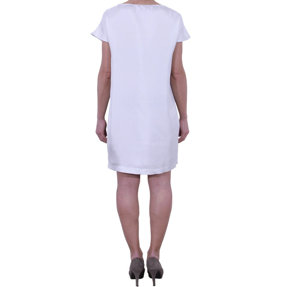 Vestito midi color grigio perla con stampa artistica