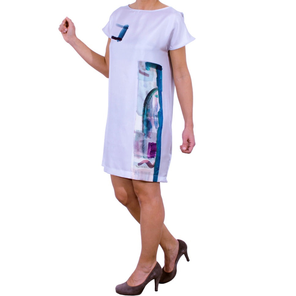 Vestito midi color grigio perla con stampa artistica